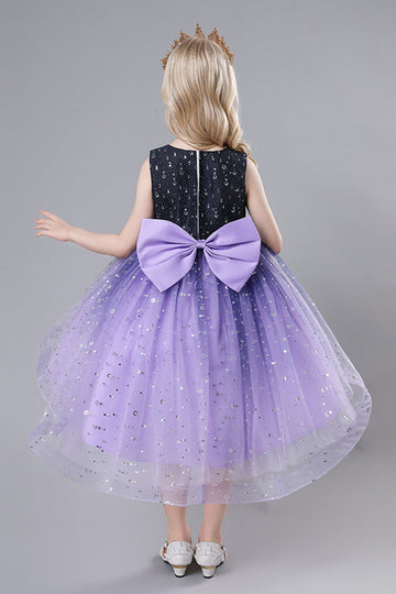 Purple Tulle High Low Sparkly Girls Party Dress With Bow